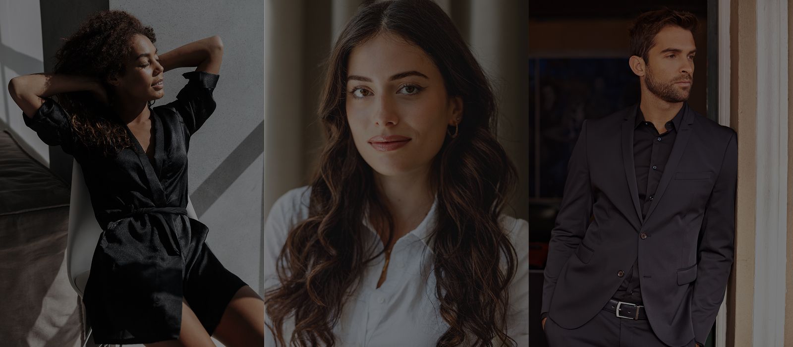 Three stylish individuals posing in modern attire.