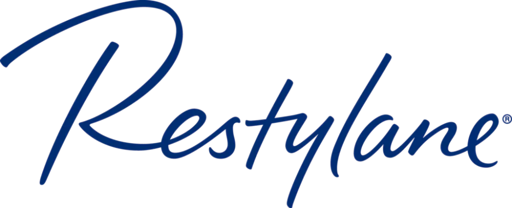 Restylane logo in blue cursive font